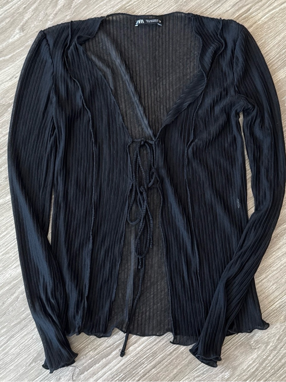 Zara Black Sheer Ribbed Tie-Front Top
